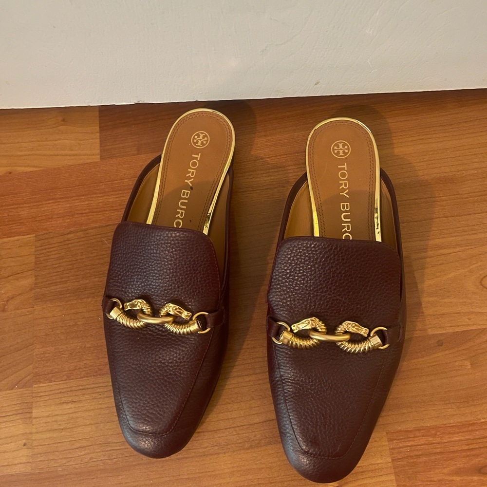 Tory Burch Women's Brown Leather Chain-Trim Mules